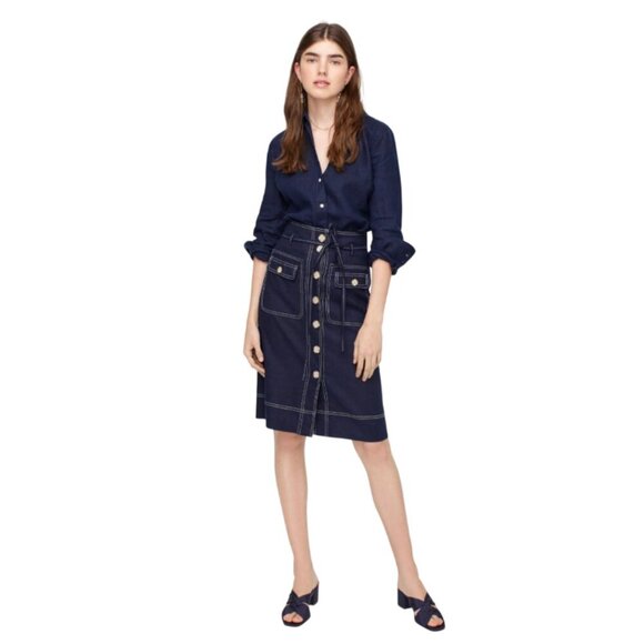 NWT JCrew Button Up Skirt Womens 8 T Tall Navy Blue Straight Stretch Linen NEW - Picture 2 of 15